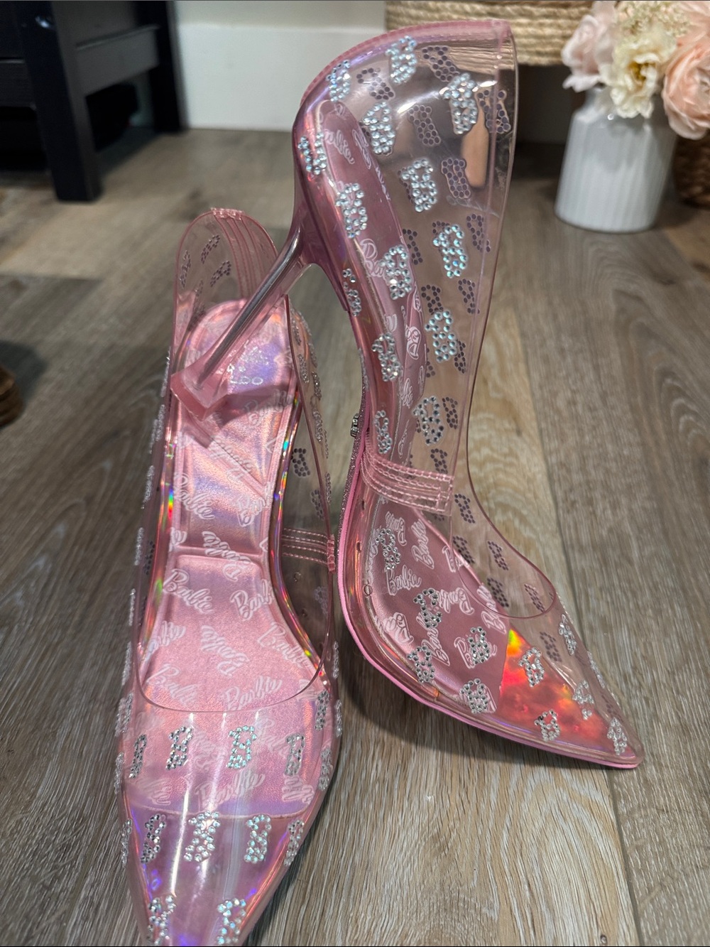 Barbie Pink Transparent Pointed-Toe High Heels with Logo Print - Picture 11 of 15